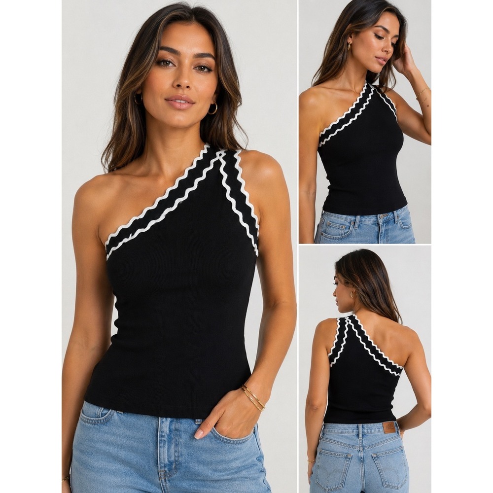 Rachel Rachel Roy One Shoulder Knit Top Black Ric Rac Trim Medium